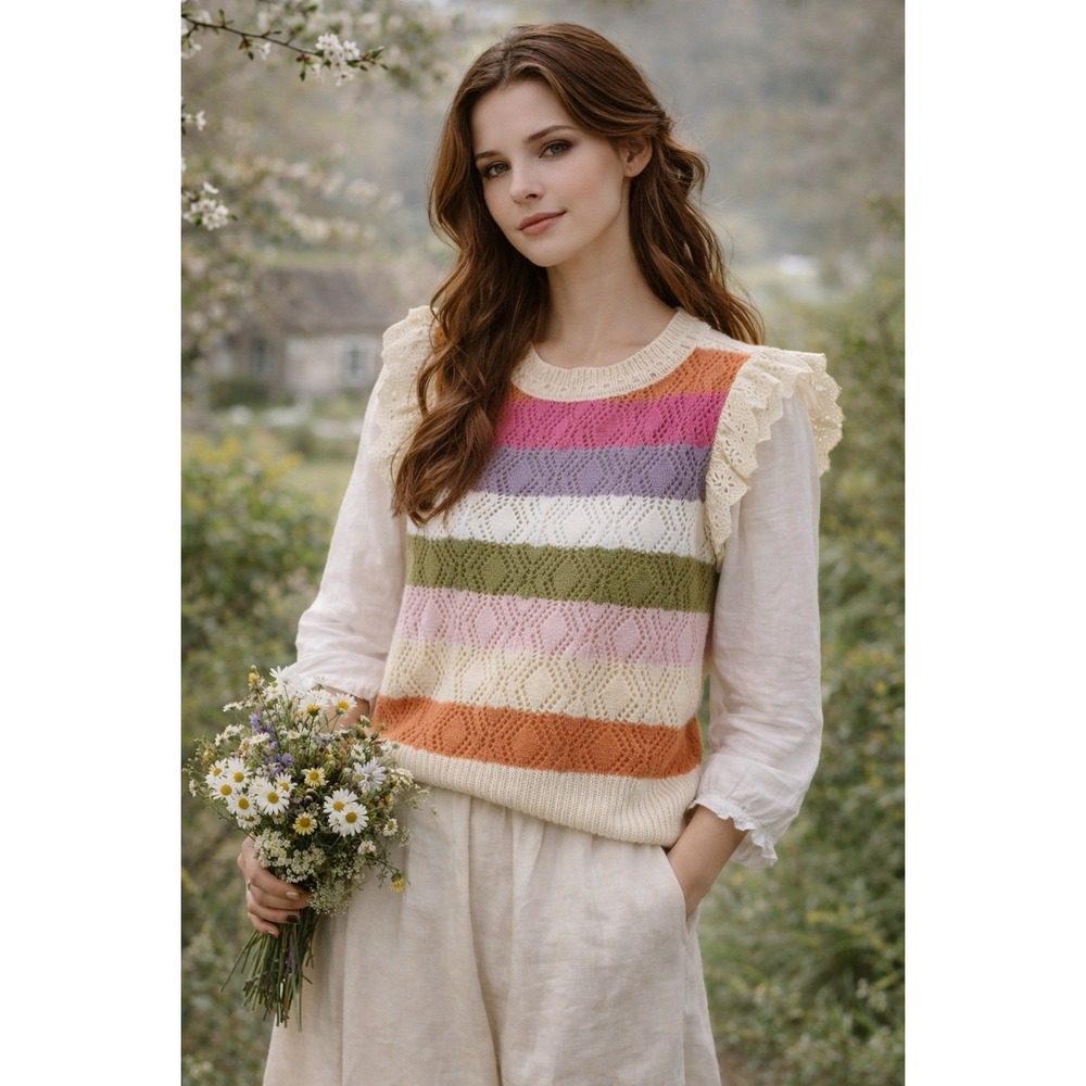 BIBI Sweater Vest Womens S Multi Crochet Lace Openwork Cottagecore Indie